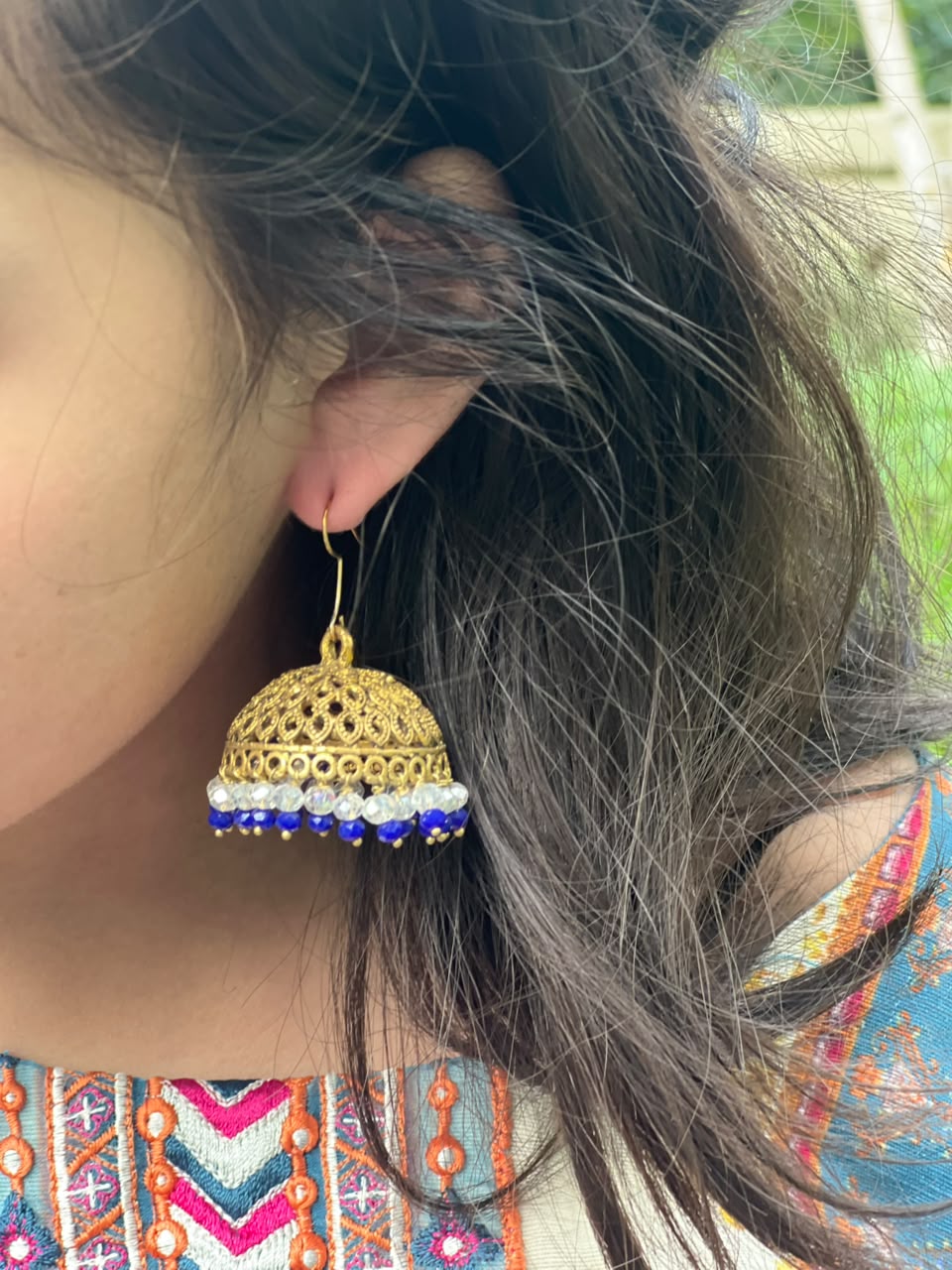 gold silver blue Jhumki earrings