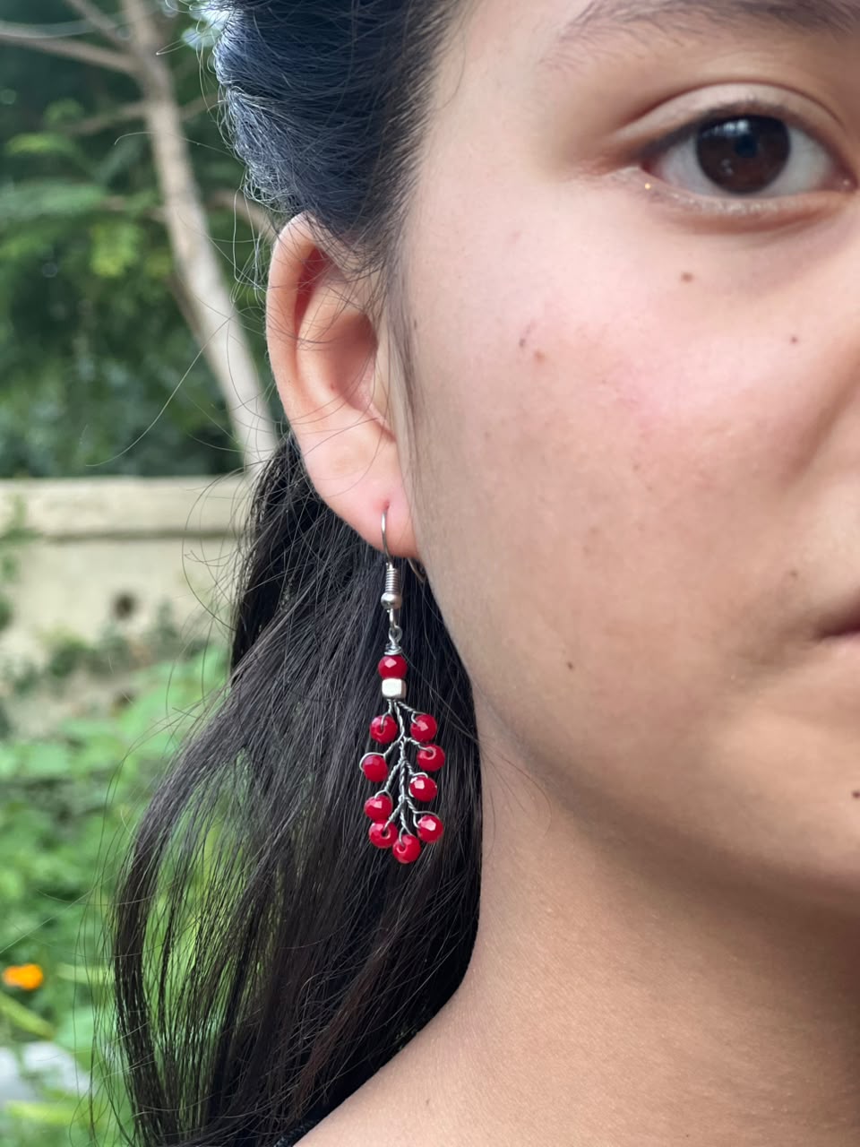 red blue beaded dangle earrings